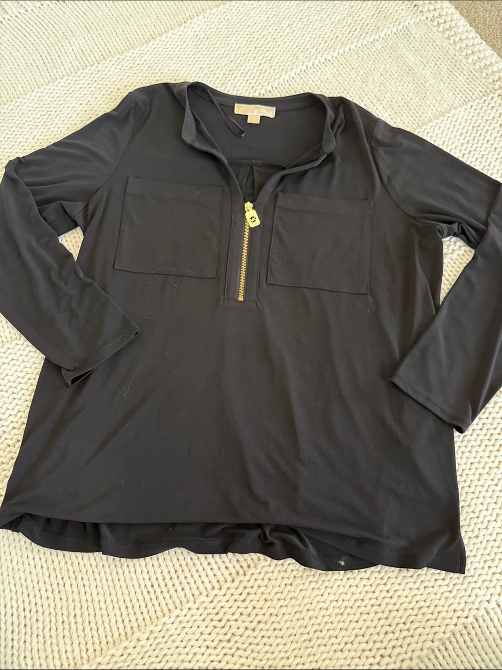 Michael Kors Black Long Sleeve Zip Front Blouse with Gold Hardware